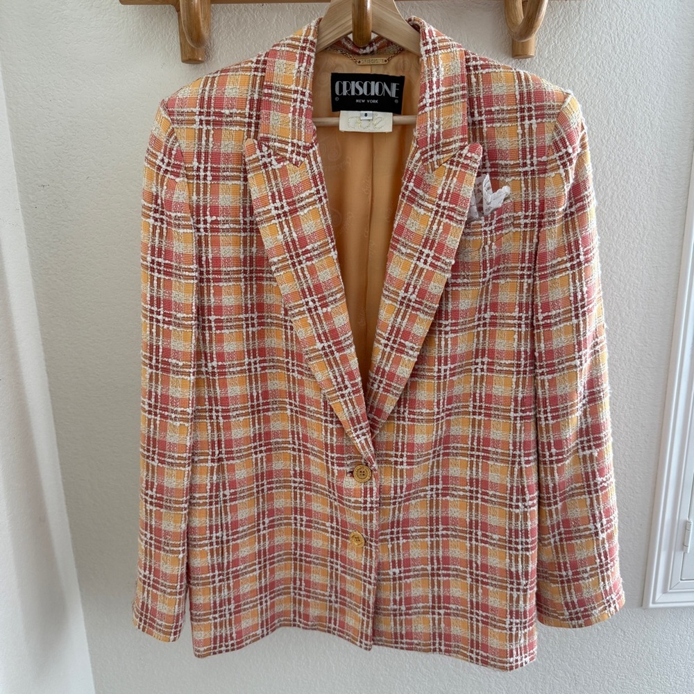 CRISCIONE New York Cache vintage 90s tweed plaid blazer gold buttons made in USA